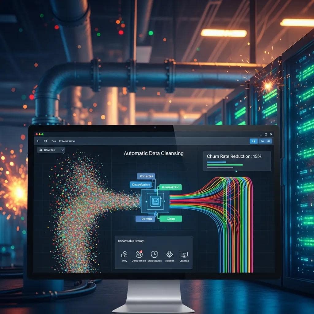 Automated data cleansing software displayed on a computer screen in an industrial environment