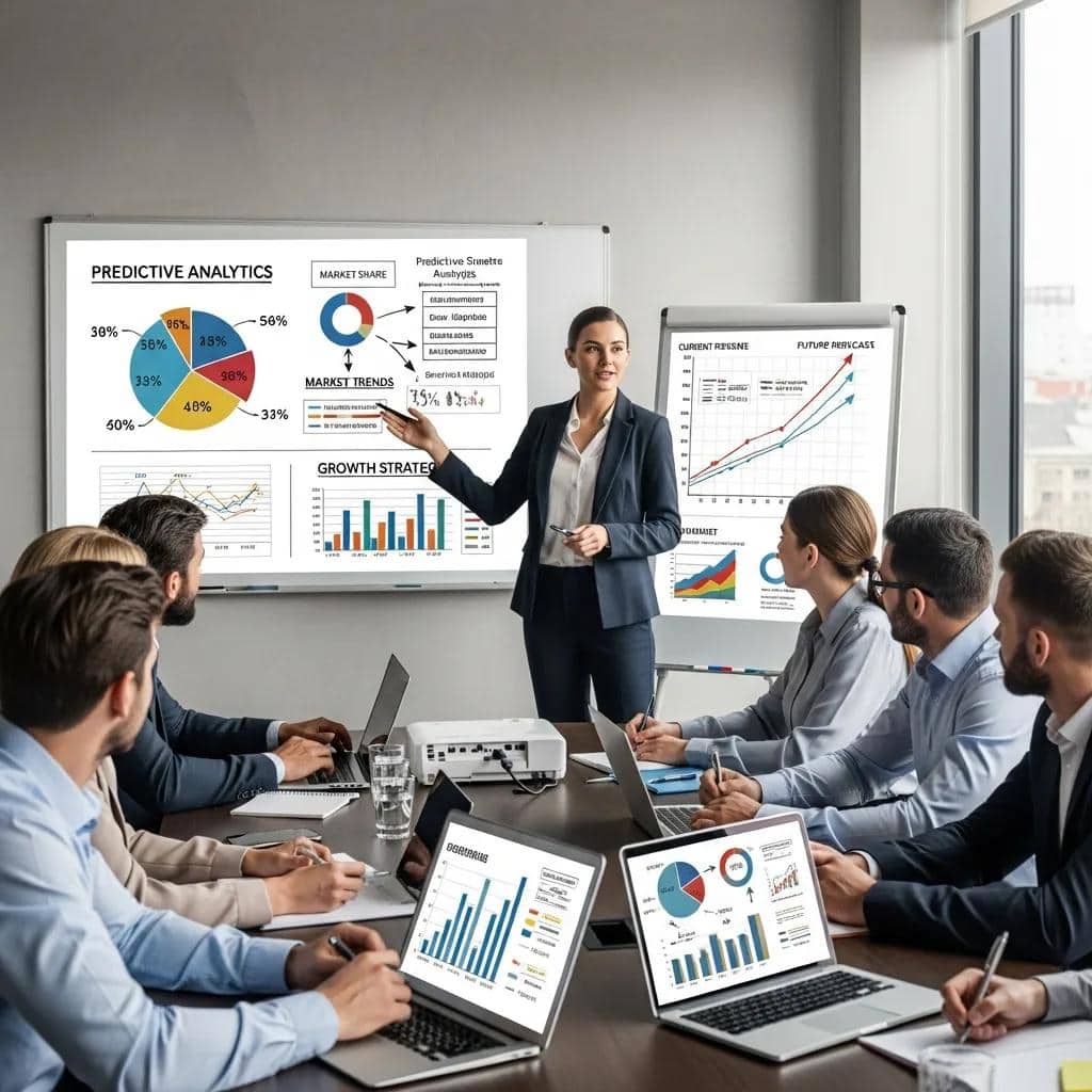 Business analyst presenting predictive growth strategies to a team in a conference room, highlighting data-driven decision-making