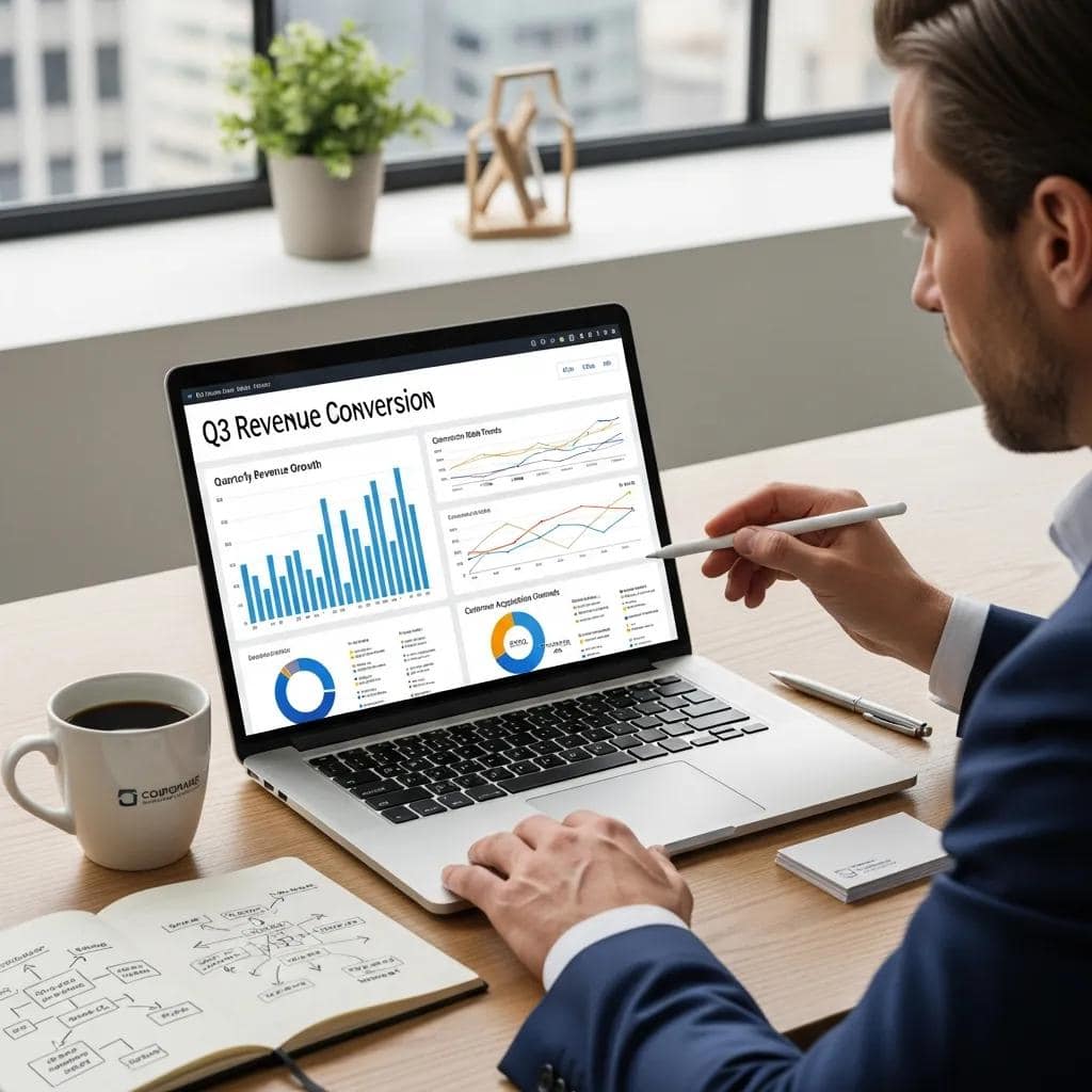Business professional reviewing performance data on a laptop to optimize revenue conversion