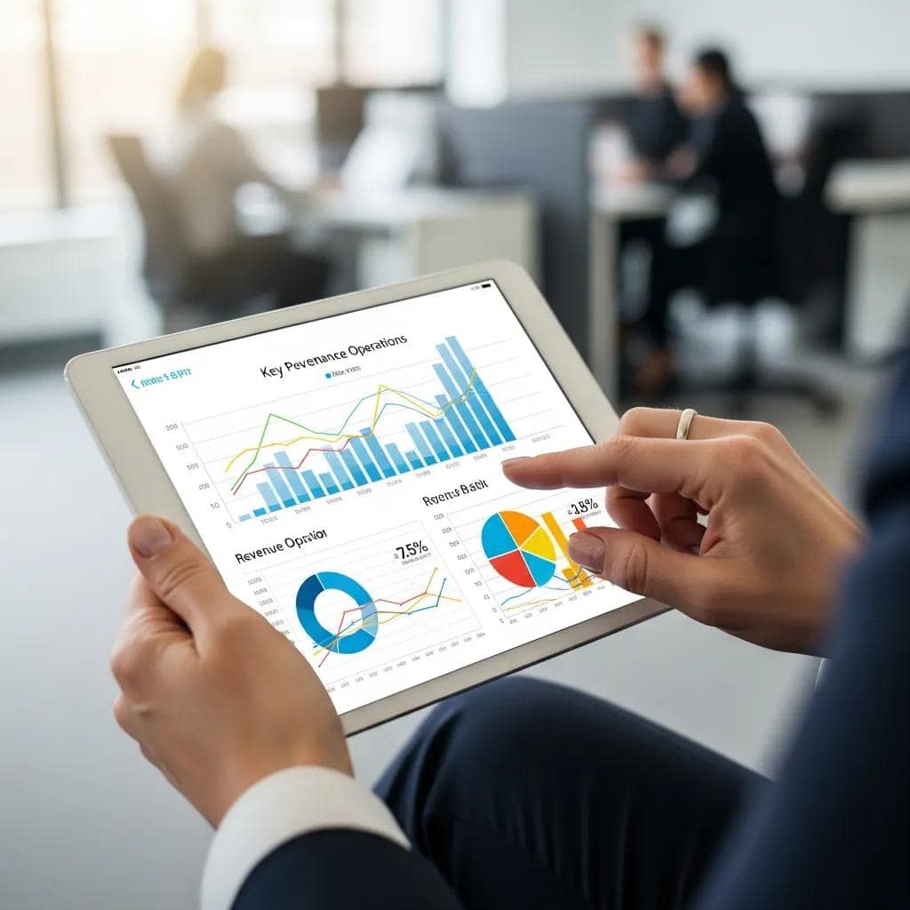 Business professional analyzing key performance indicators on a digital tablet