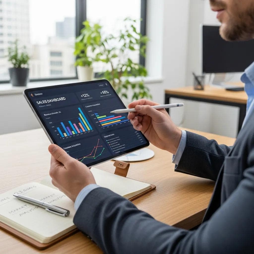 Business professional analyzing sales performance metrics on a tablet in an office