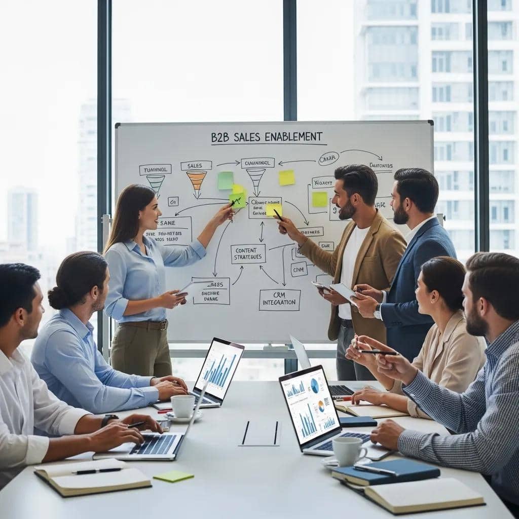 Business professionals collaborating on B2B sales strategies in a modern office