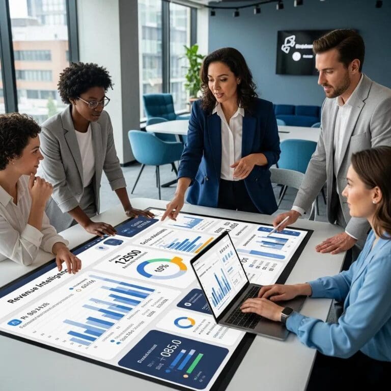 Business professionals collaborating on revenue intelligence and GTM architecture in a modern office