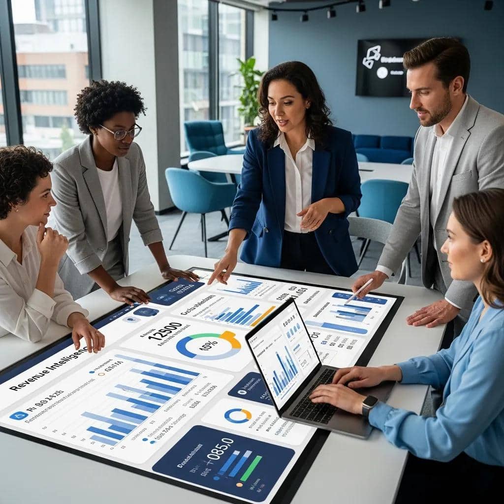 Business professionals collaborating on revenue intelligence and GTM architecture in a modern office