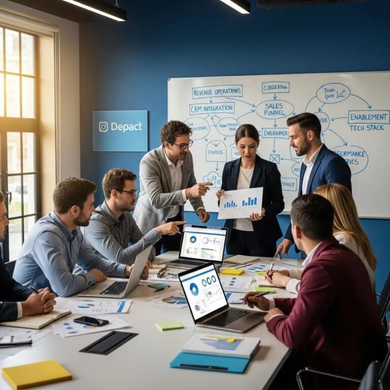 Business professionals collaborating on sales enablement strategies in a modern office