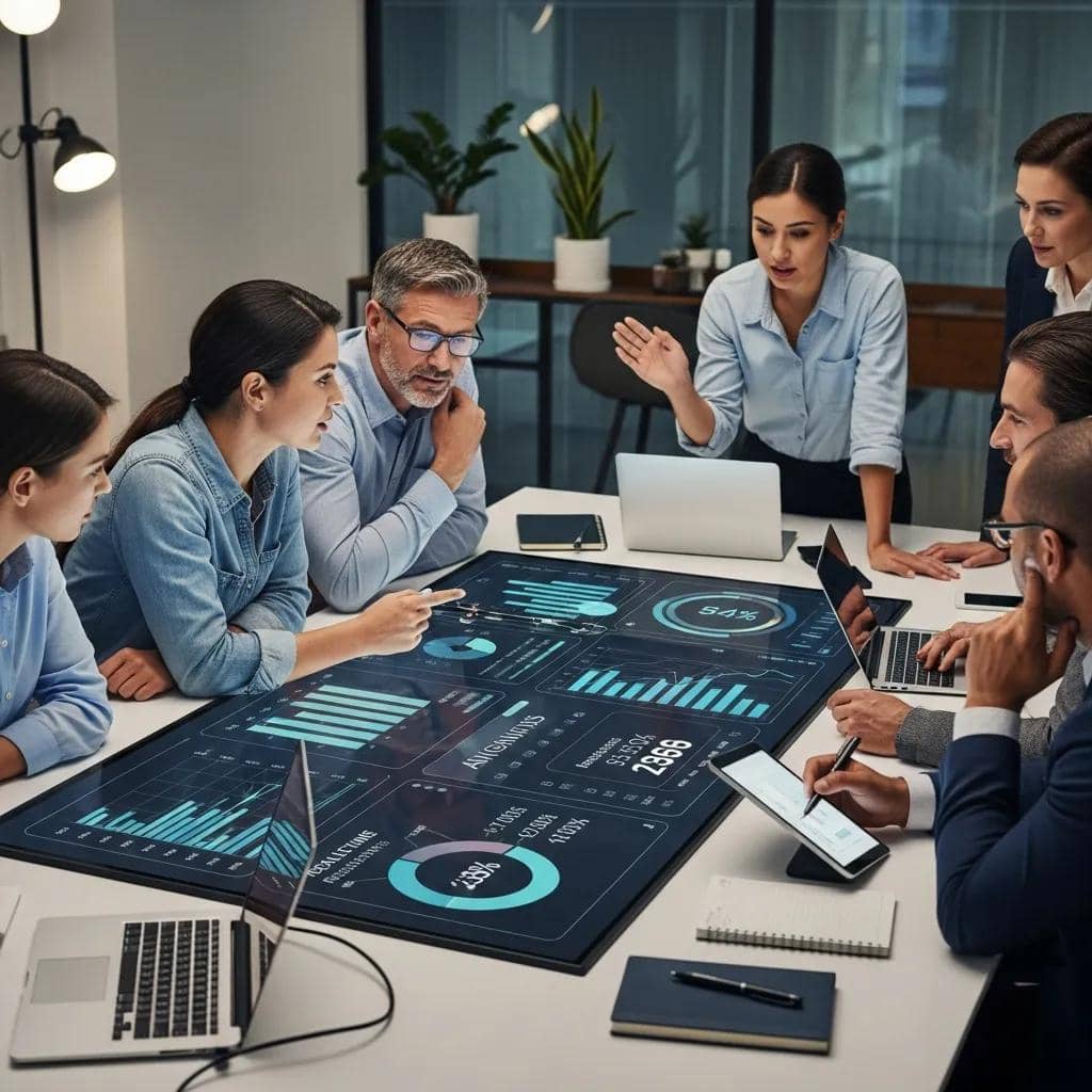 Business professionals discussing outsourced RevOps strategies with a digital dashboard
