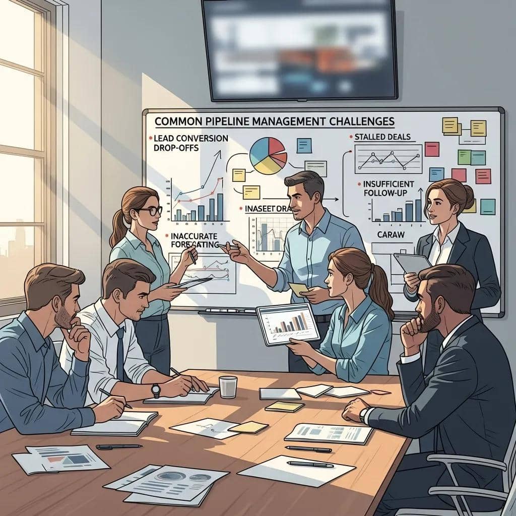Business team reviewing pipeline performance in a meeting room
