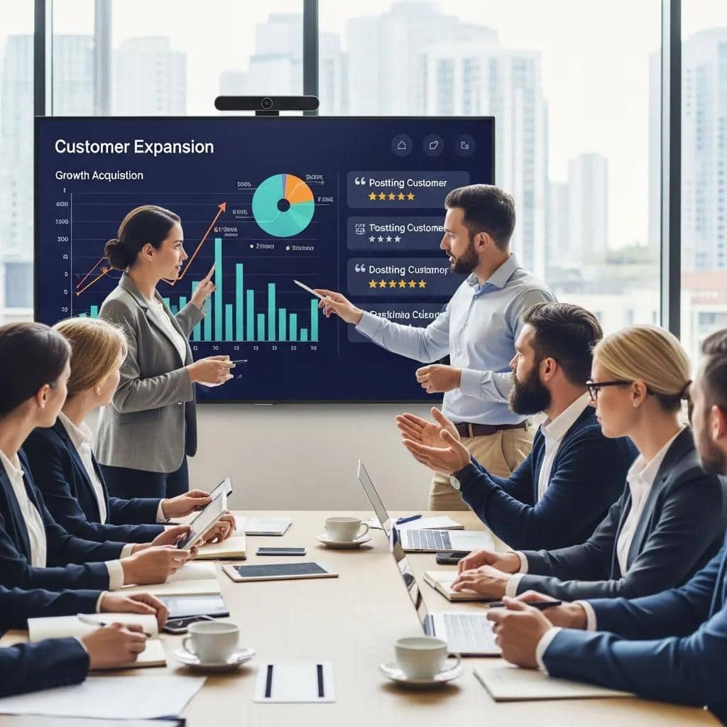 Team planning customer expansion strategies in a meeting
