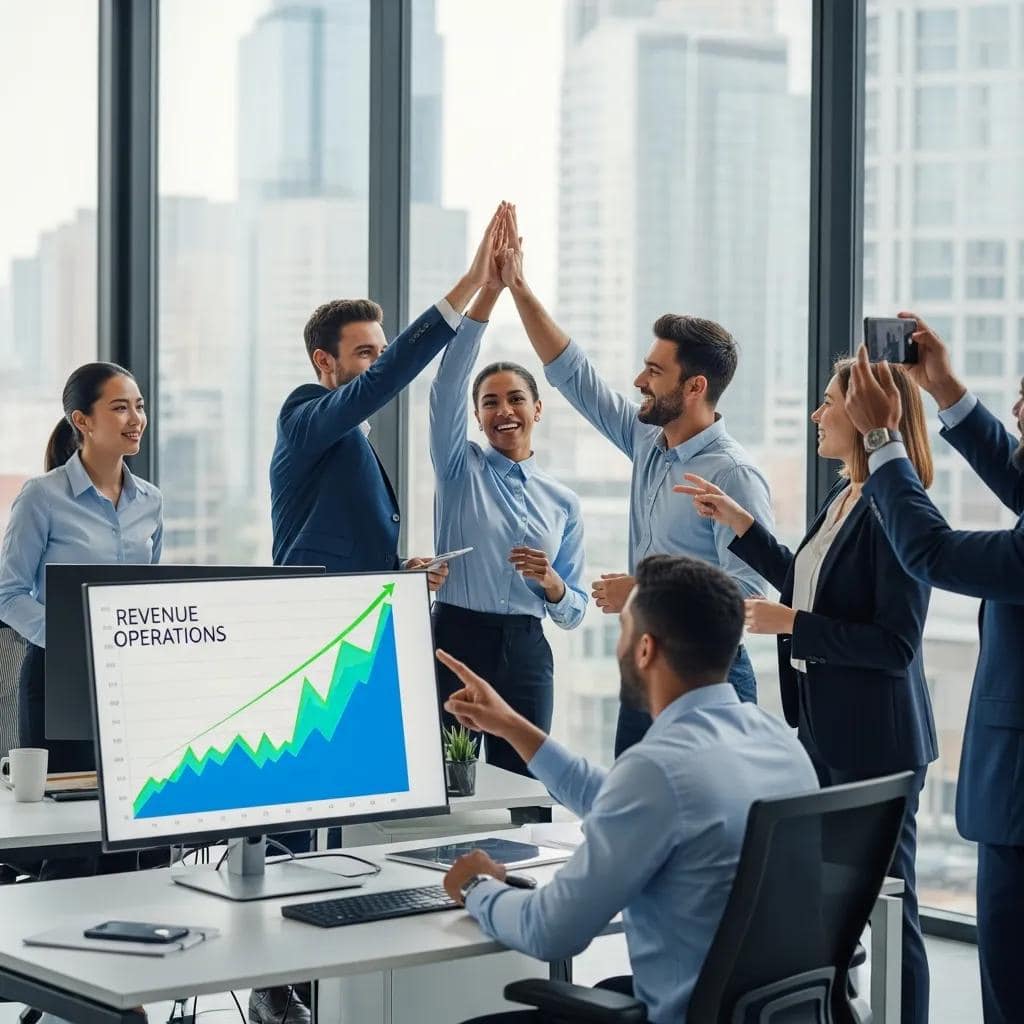 Team celebrating stronger revenue outcomes after implementing RevOps