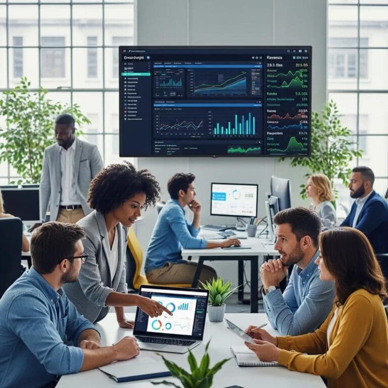 Collaboration among professionals analyzing revenue intelligence data in a modern office