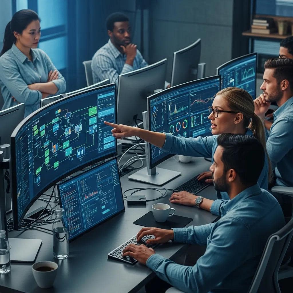 Data operations team analyzing information in a high-tech workspace