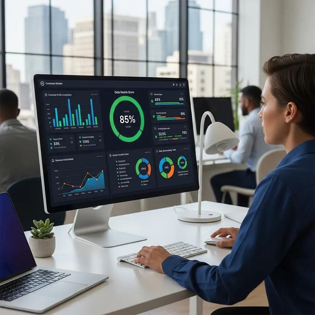 Data quality management dashboard being reviewed by a professional in a modern office