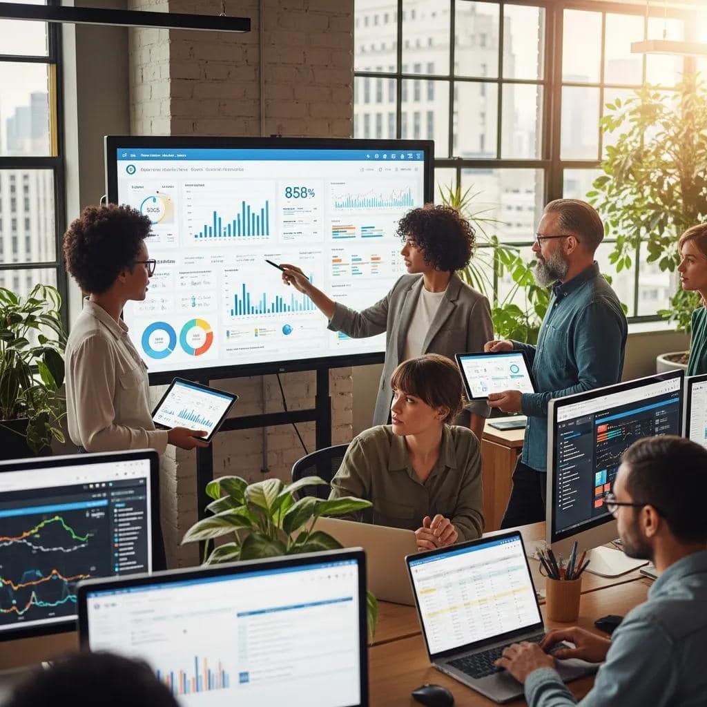 Diverse professionals collaborating in a modern office, showcasing B2B demand generation strategies