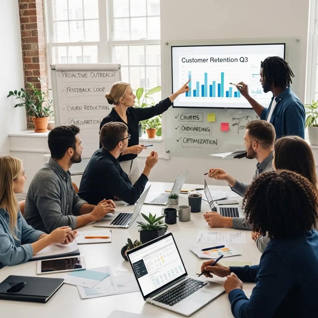 Diverse professionals collaborating on customer success strategies in a modern office