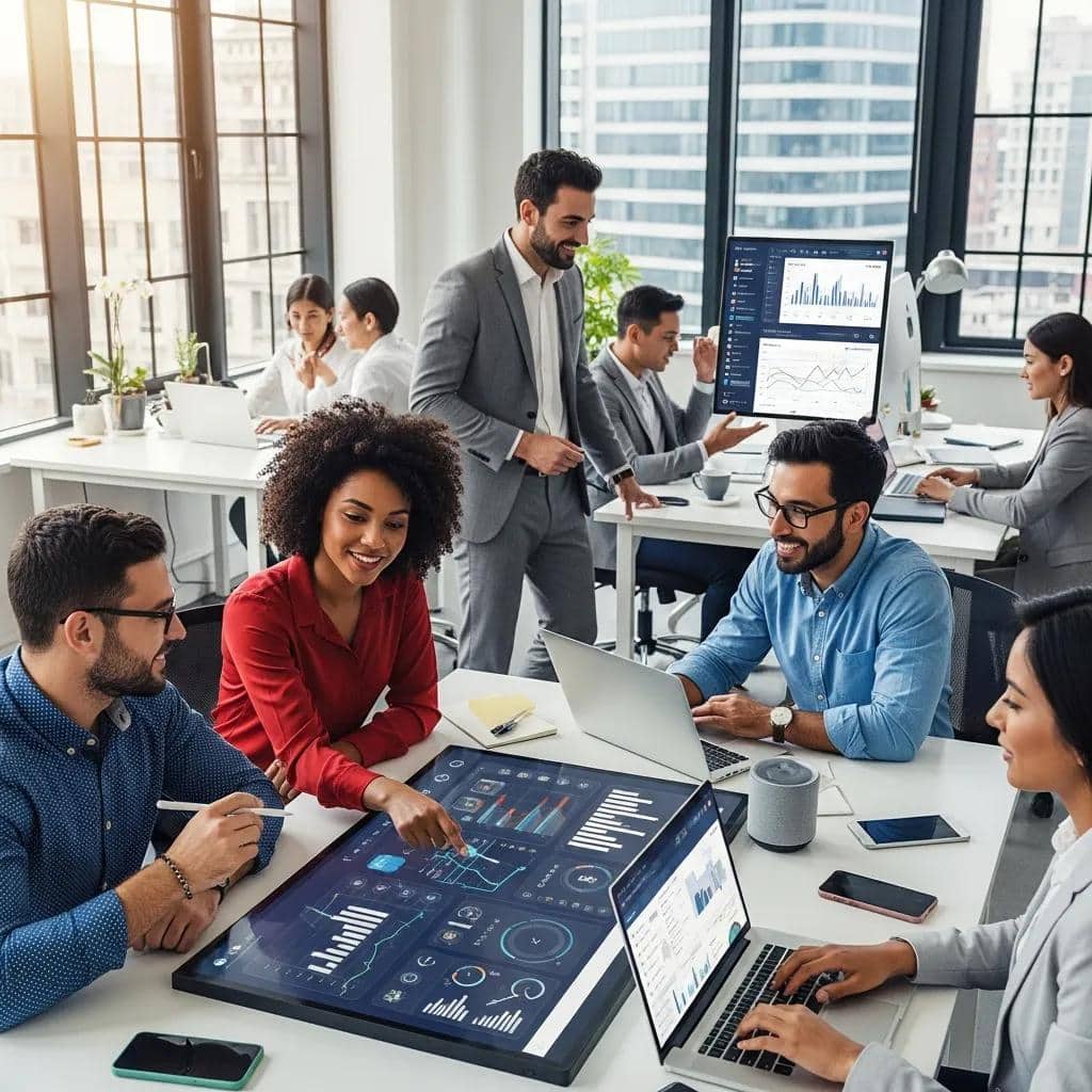 Diverse professionals collaborating with AI technology in a modern office setting