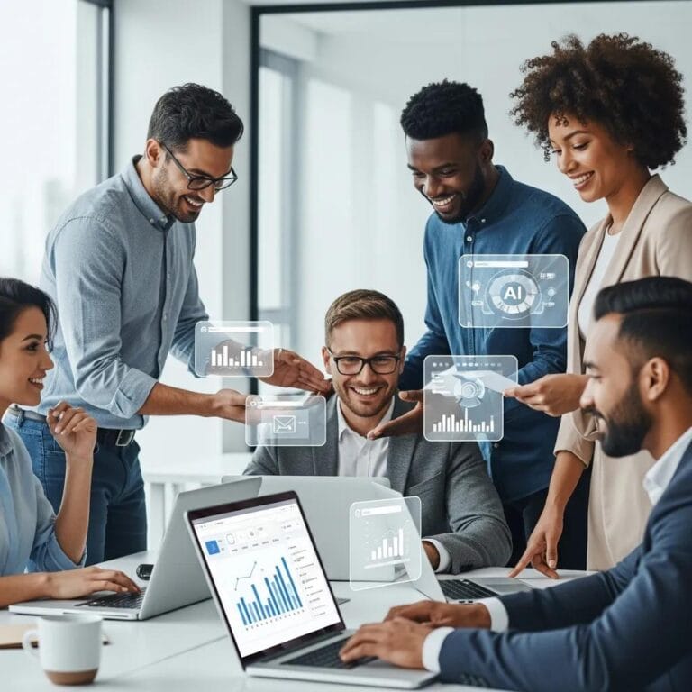 Diverse professionals collaborating with AI tools in a modern office setting