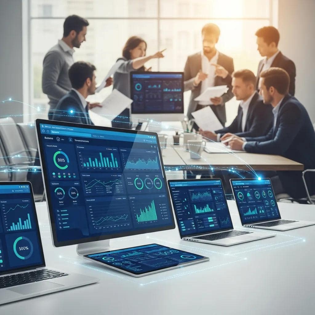 Interconnected digital devices displaying synchronized data dashboards, illustrating the integration of sales and marketing efforts