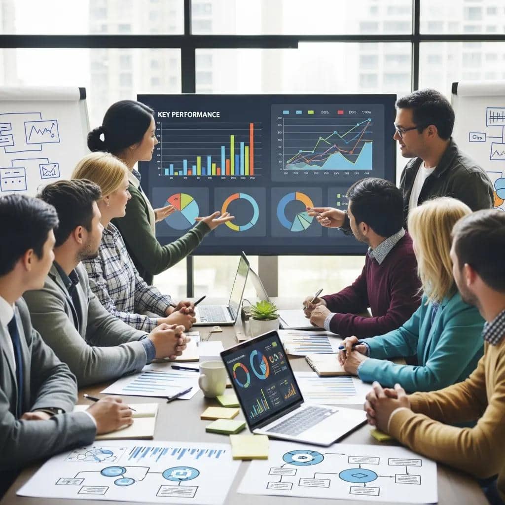 Marketing team reviewing attribution dashboards in a meeting