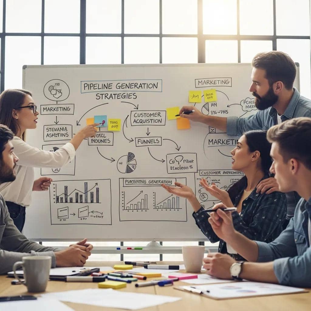 Marketing team mapping pipeline strategies on a whiteboard to plan targeted outreach