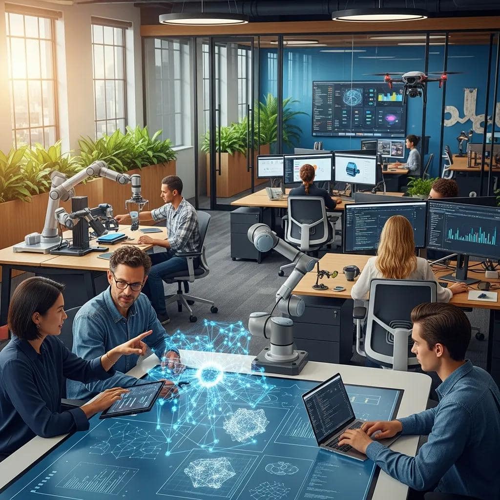 Modern office collaboration with technology and AI integration