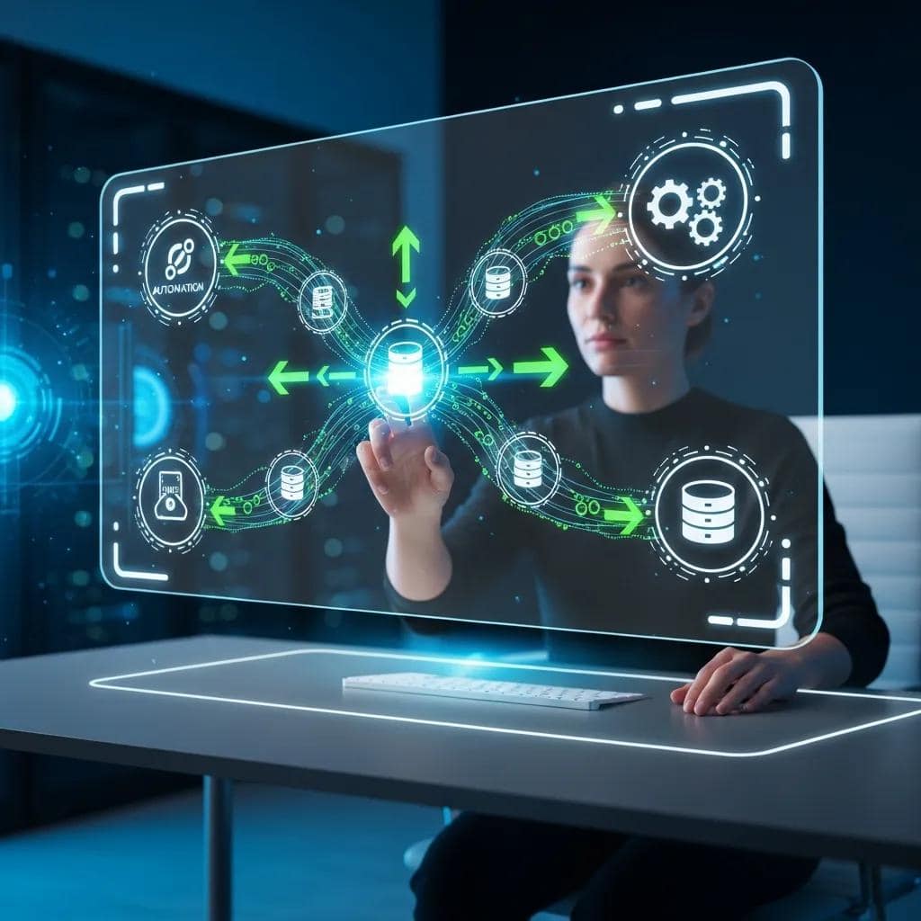 Person interacting with a digital interface showcasing automated data workflows