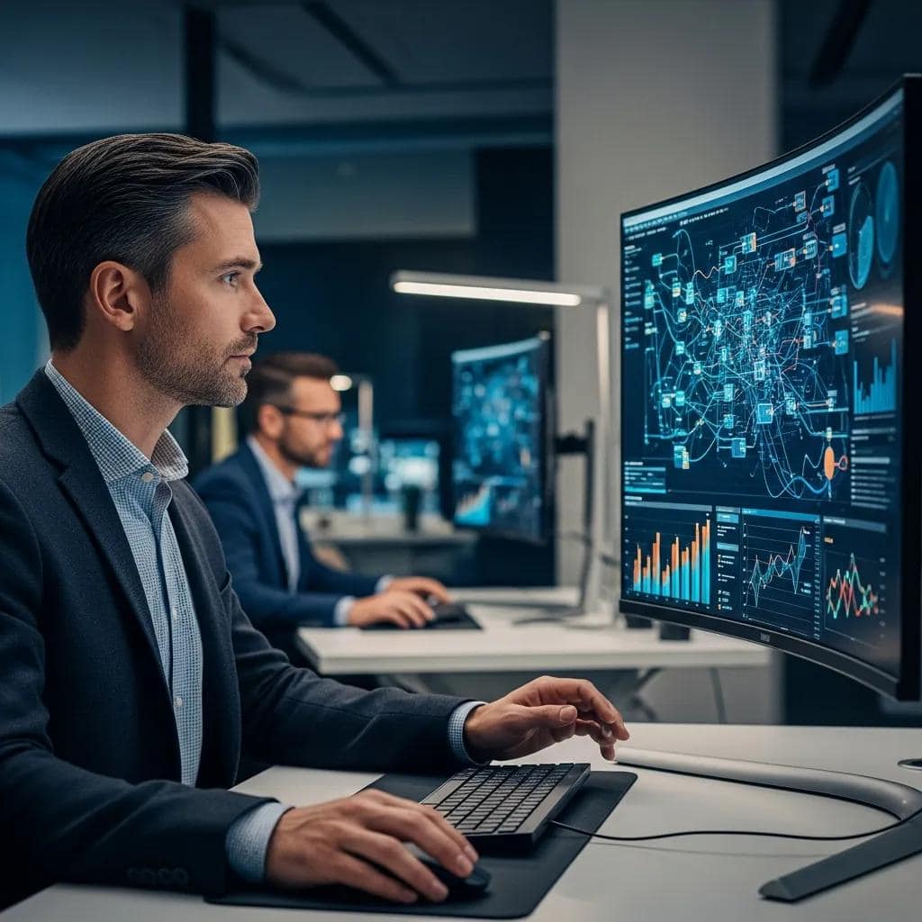 Professional analyzing pipeline data in a high-tech workspace
