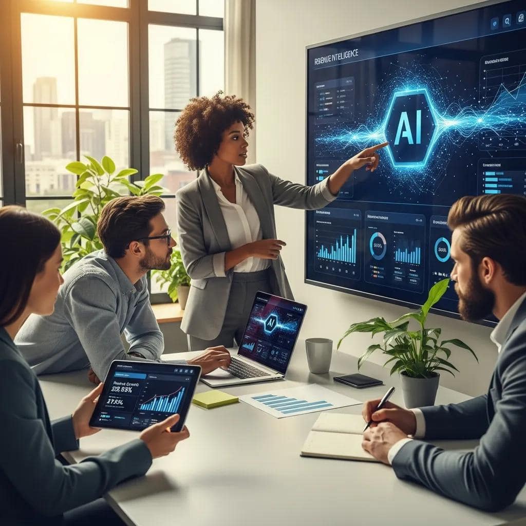 Professionals collaborating in a modern office using AI-powered revenue intelligence software