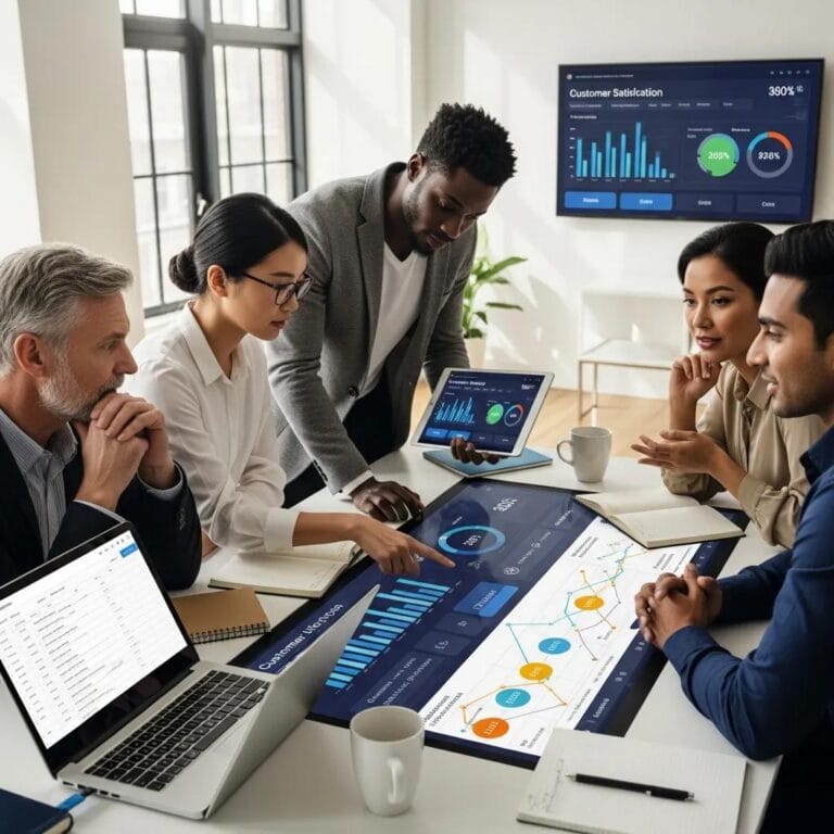 Professionals collaborating on data analysis to enhance customer retention strategies