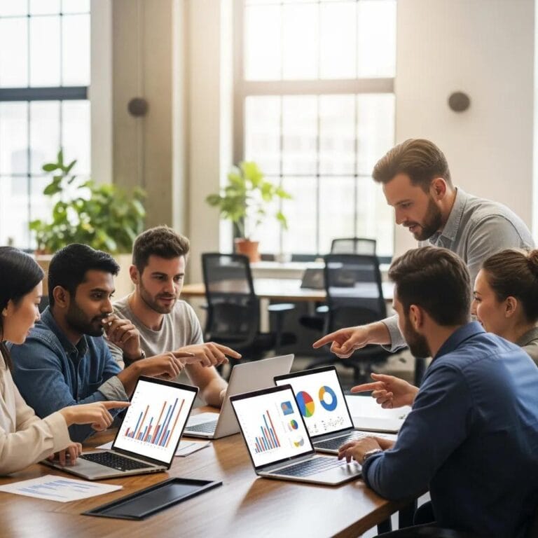 Professionals collaborating on data analytics in a modern office setting