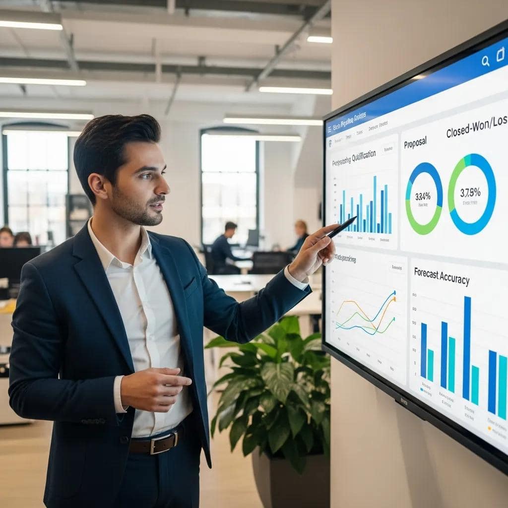 Sales professional analyzing pipeline metrics on a large screen in an office, emphasizing best practices in pipeline analytics