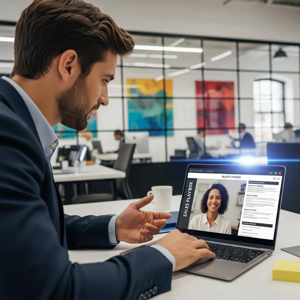Sales professional engaging with a client over video call in a modern office setting