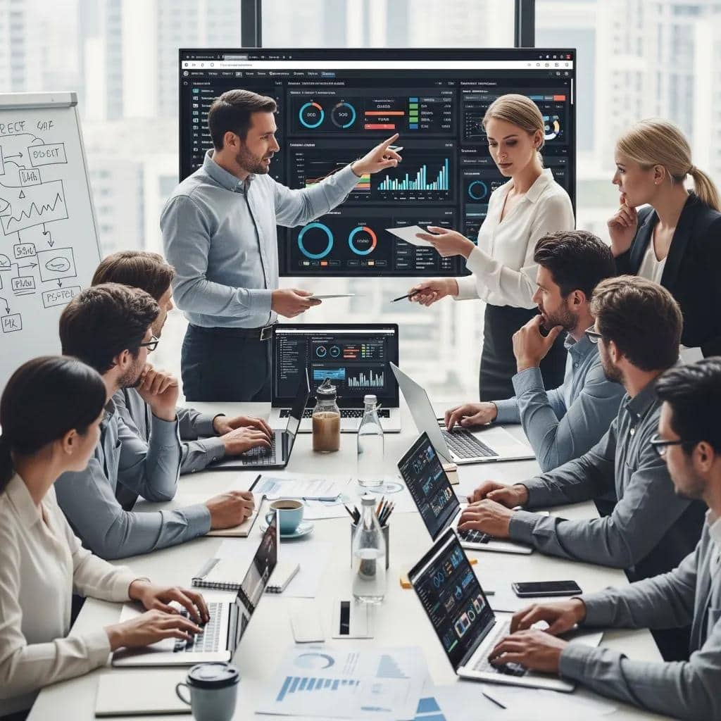 Sales team reviewing revenue intelligence outputs during a strategy session