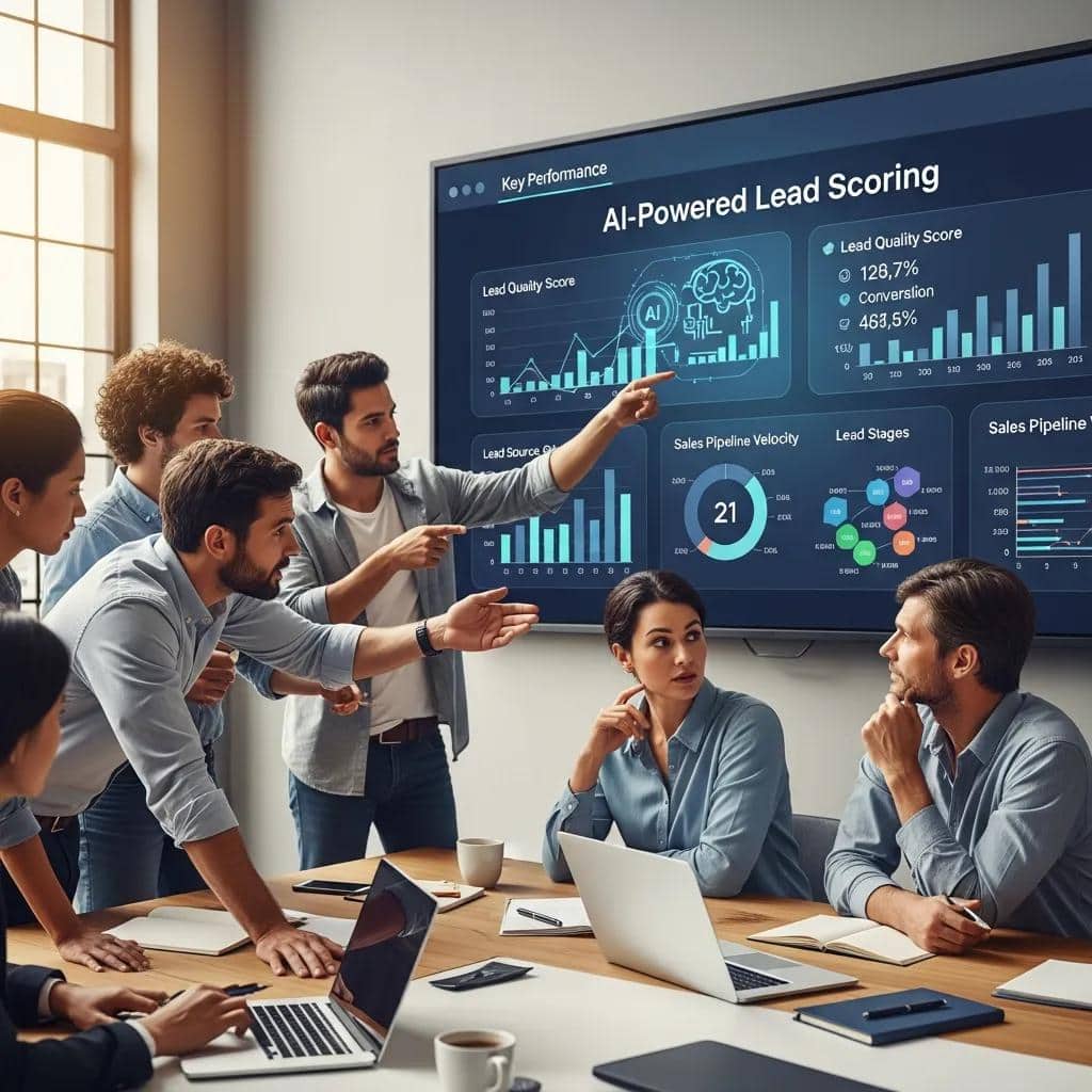 Sales team reviewing AI-generated lead scores and pipeline insights in a meeting
