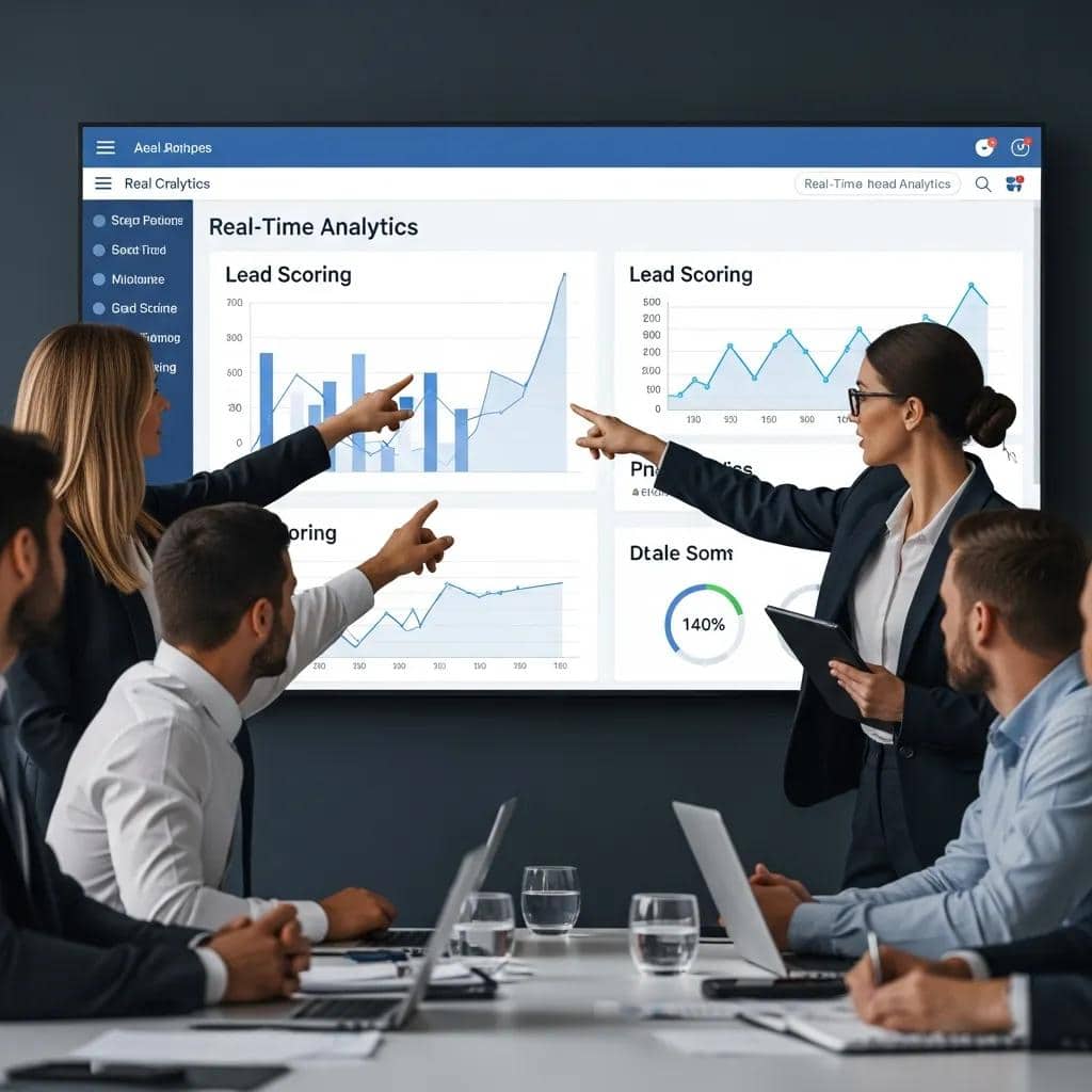 Sales team analyzing real-time analytics on a large screen, emphasizing the impact of data on lead scoring and engagement