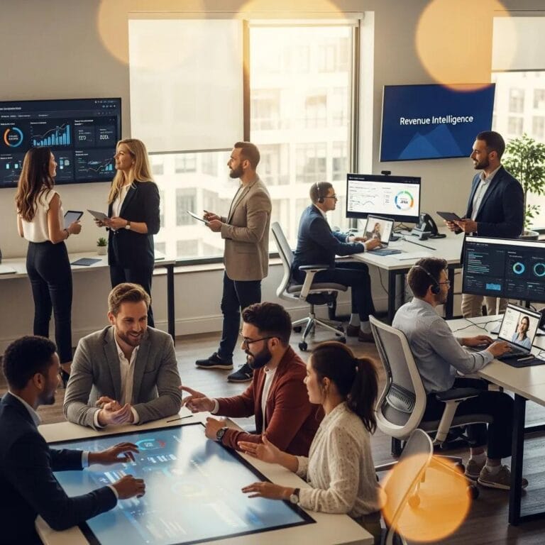 Sales team collaborating with digital analytics in a modern office setting
