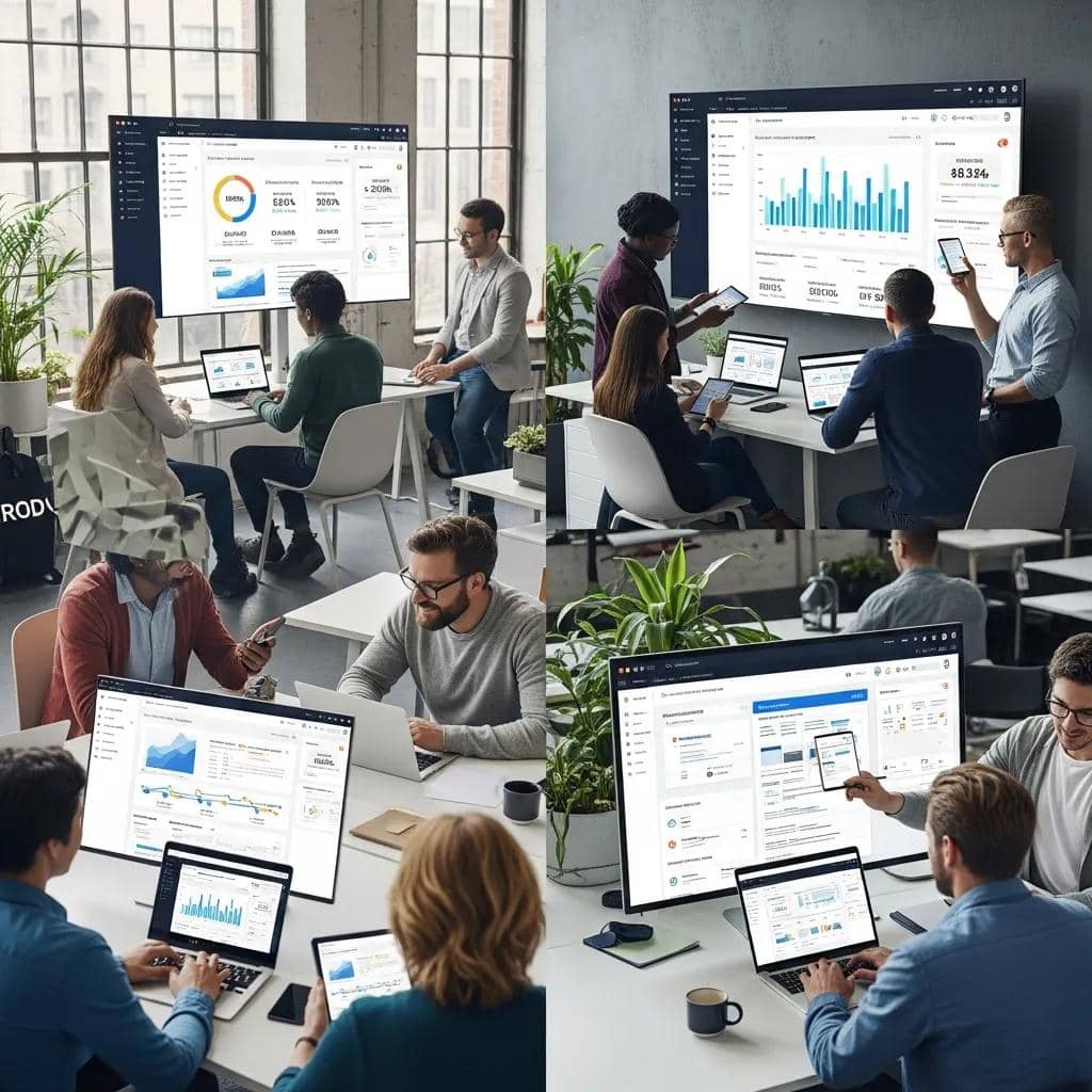Sales team utilizing enablement tools in a modern office environment