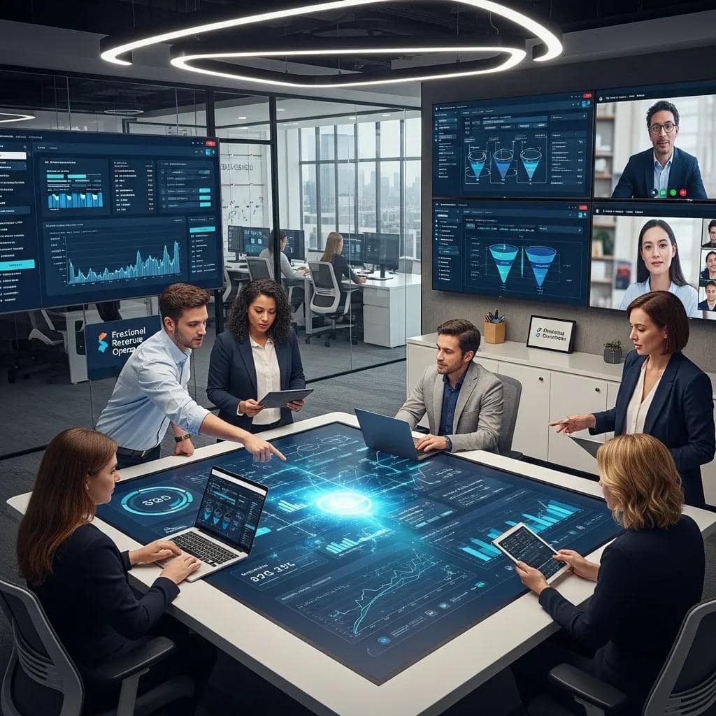 Team collaboration in a modern office focused on Fractional Revenue Operations and business growth