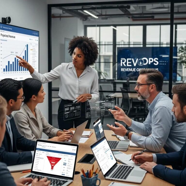 Team collaboration in a modern office focused on revenue operations strategies