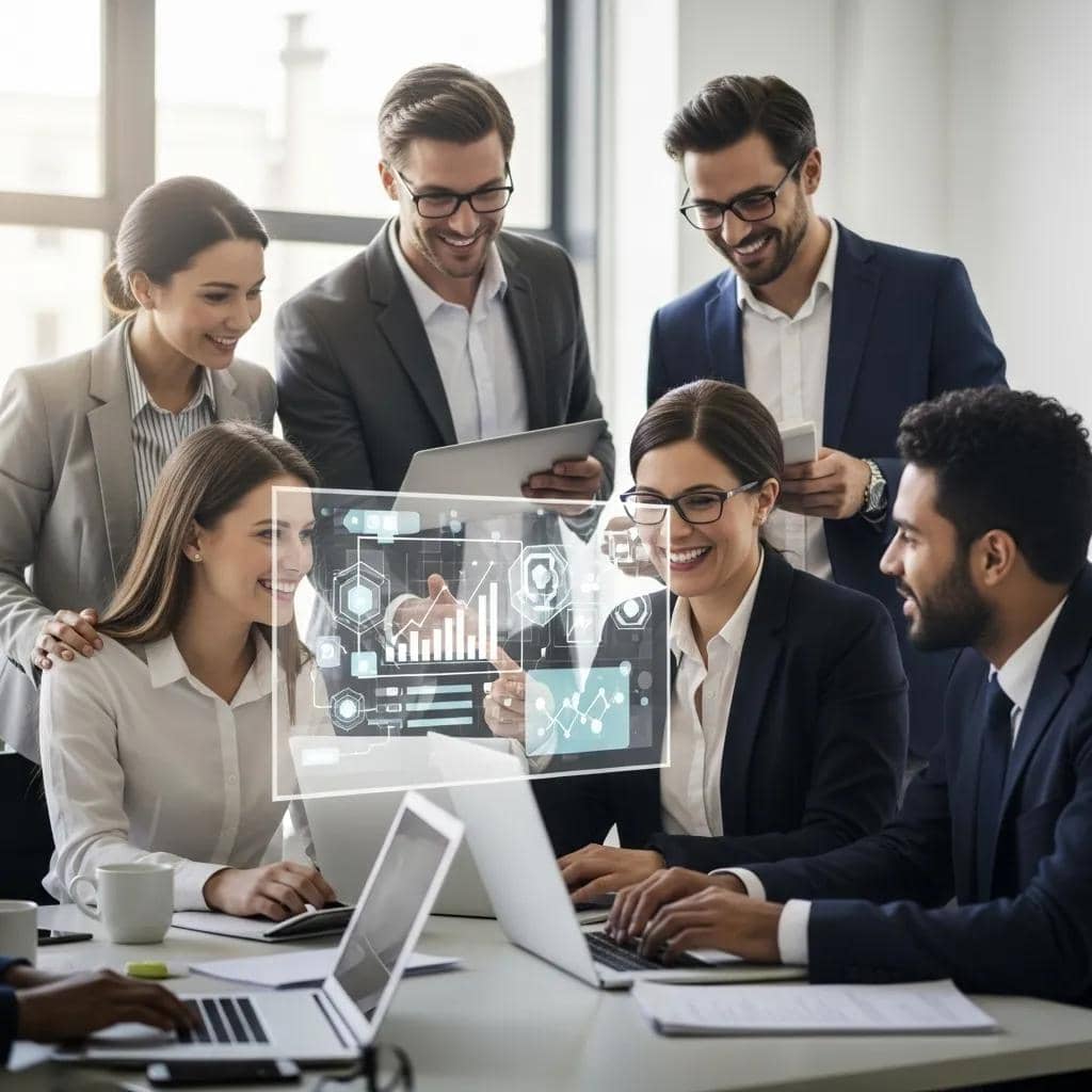 Team of business professionals collaborating on fractional revenue operations in a modern office