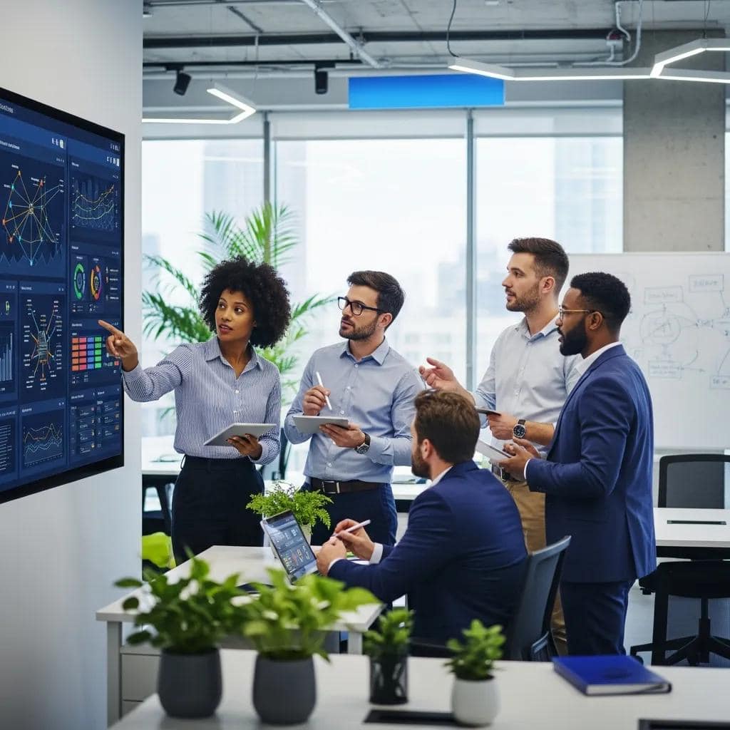 Team of professionals collaborating in a modern office, focusing on data analytics for demand generation