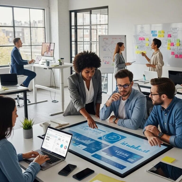 Team of professionals collaborating on AI-driven revenue operations strategies in a modern office