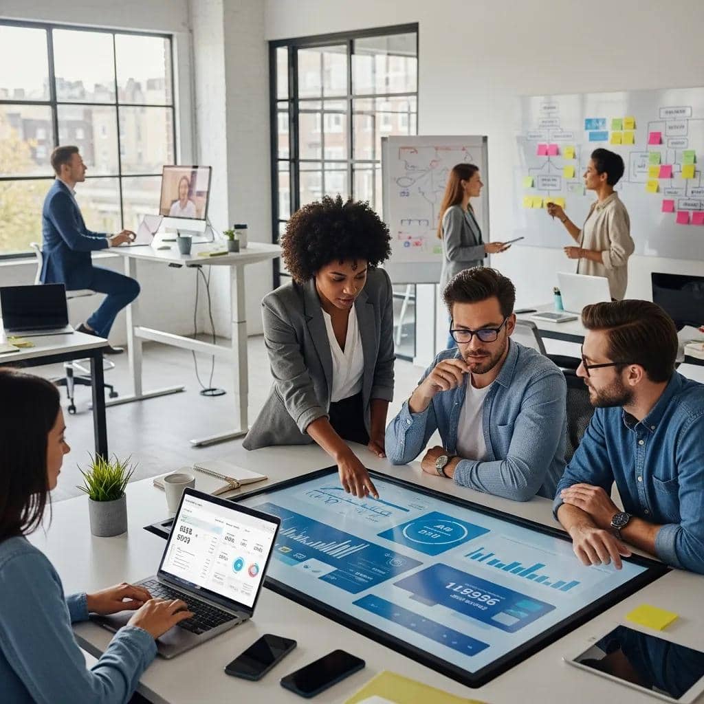 Team of professionals collaborating on AI-driven revenue operations strategies in a modern office
