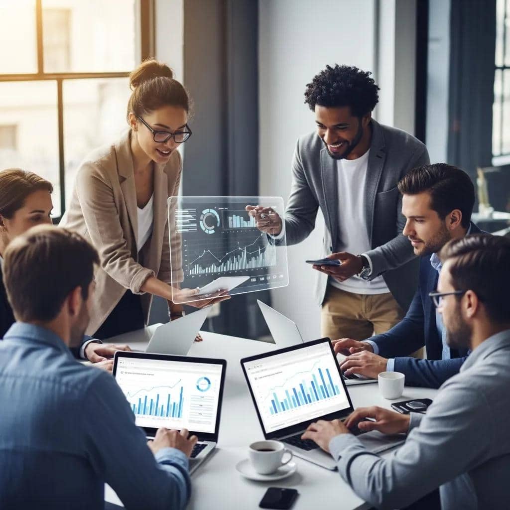 Team of professionals collaborating on data analytics in a modern office, highlighting the importance of data operations in demand generation