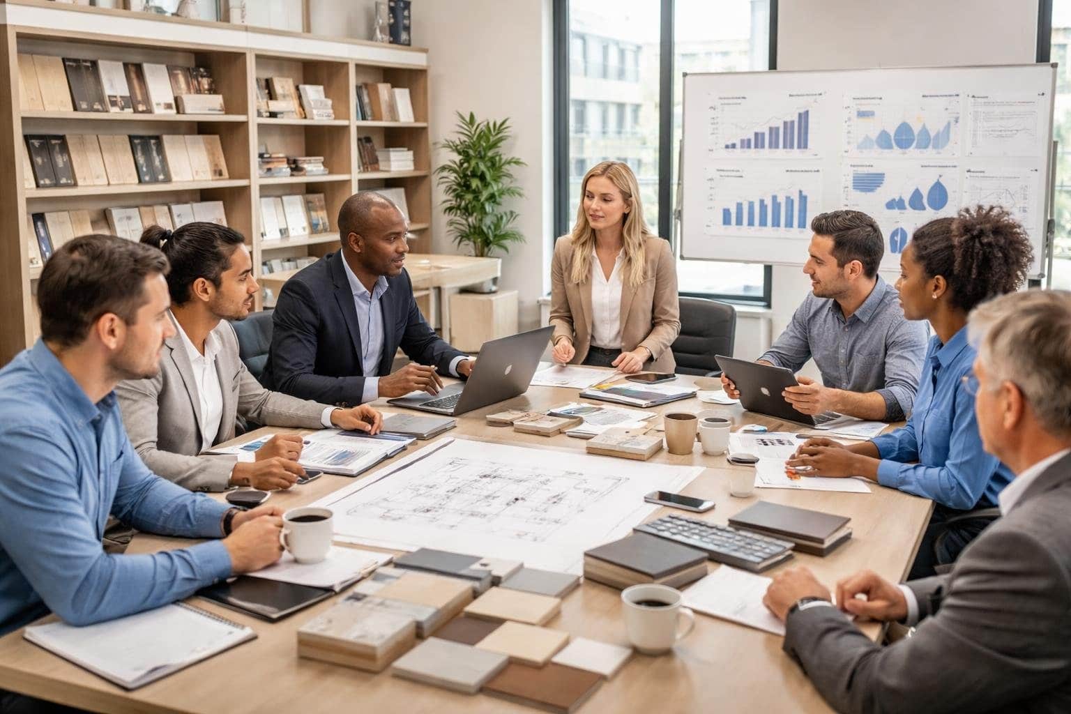 A group of business professionals collaborating around a table with building material samples and documents in a bright office.
