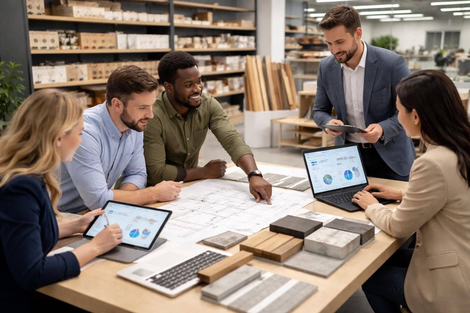 A group of business professionals collaborating around a table with building material samples, blueprints, and digital devices in an office setting.
