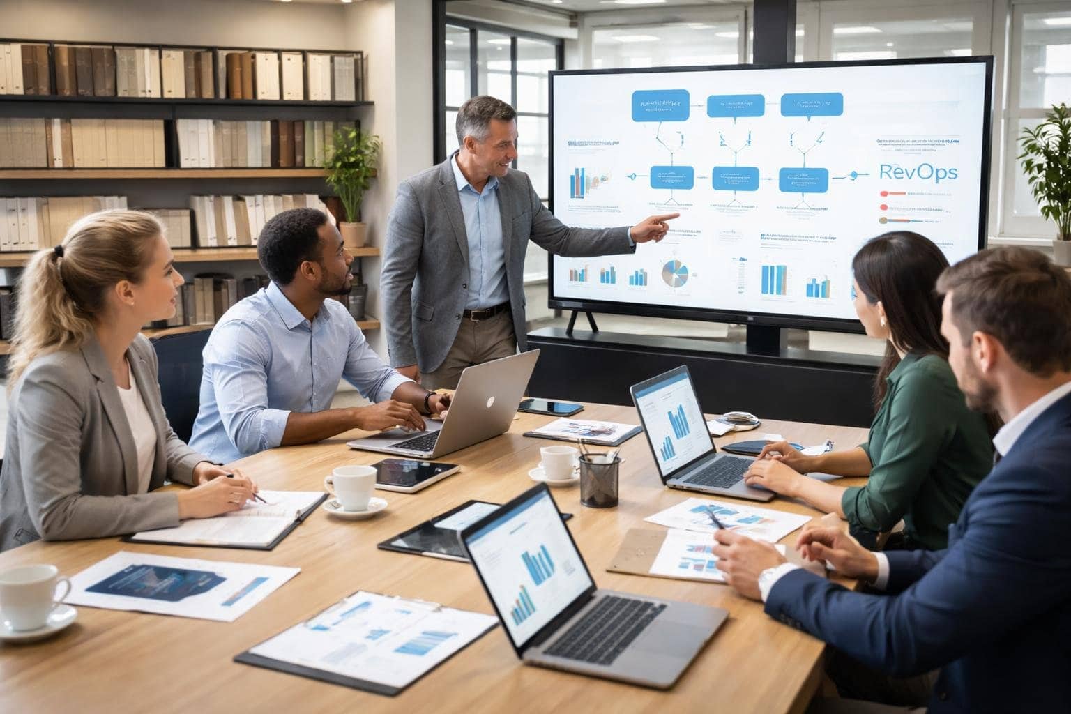 A group of professionals collaborating around a conference table with digital devices and building material samples in the background.