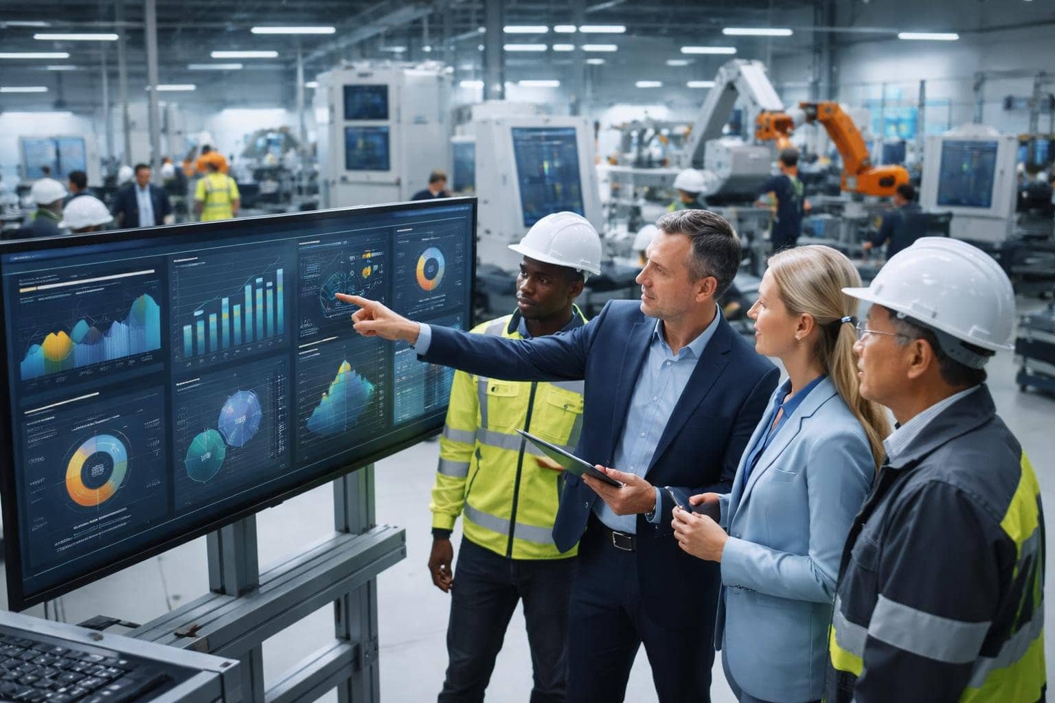 A group of professionals and engineers collaborating on a manufacturing floor with industrial machines and digital screens displaying data.