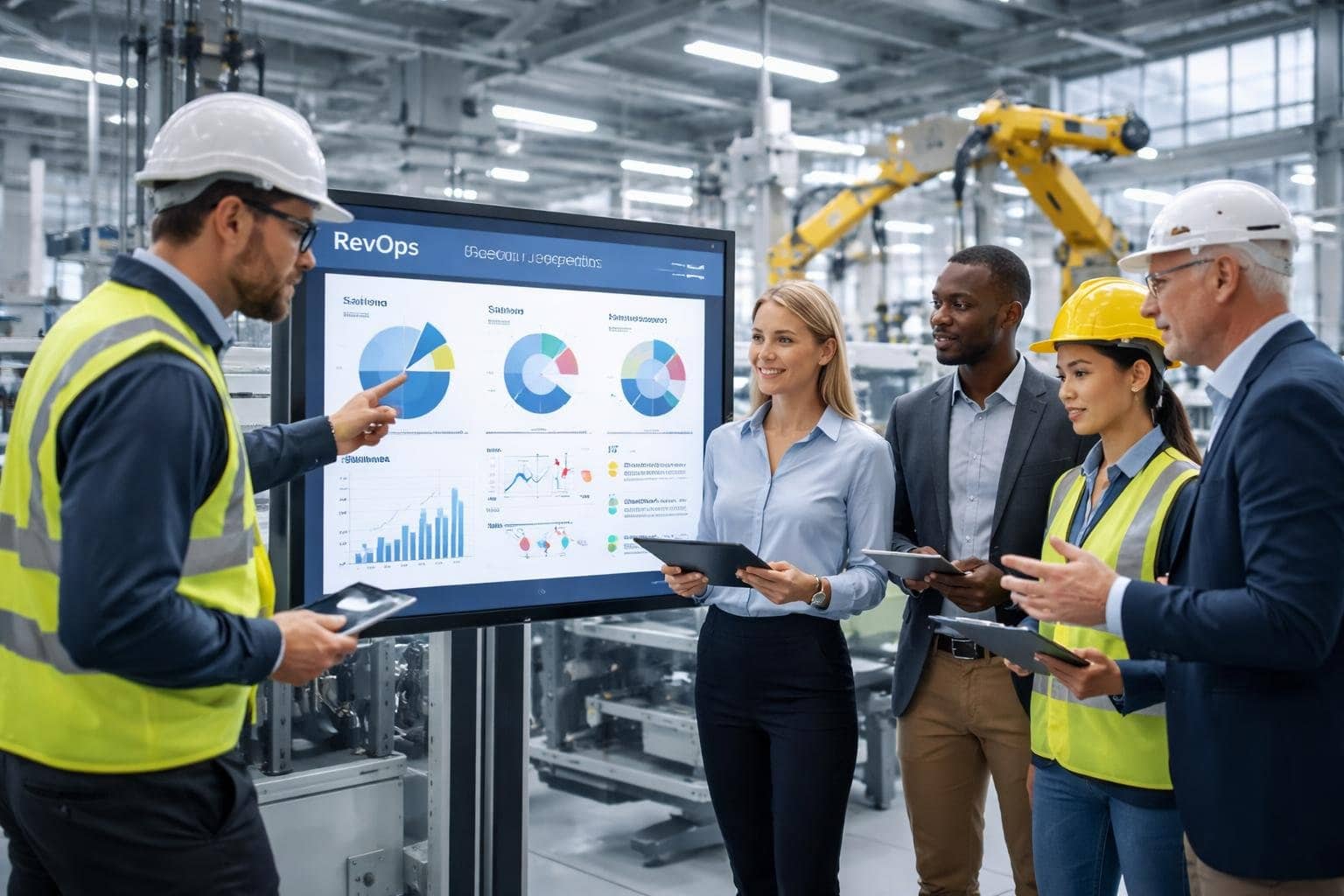 Business professionals and engineers collaborating in a modern factory with advanced machinery and digital screens displaying data.