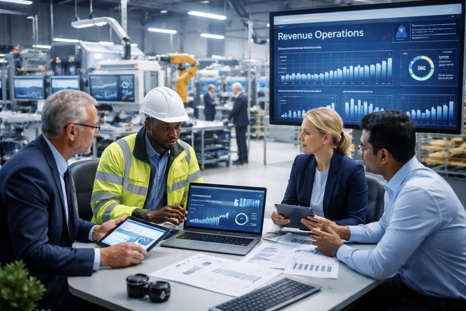 Business professionals and engineers collaborating in a modern manufacturing facility with machinery and digital screens.