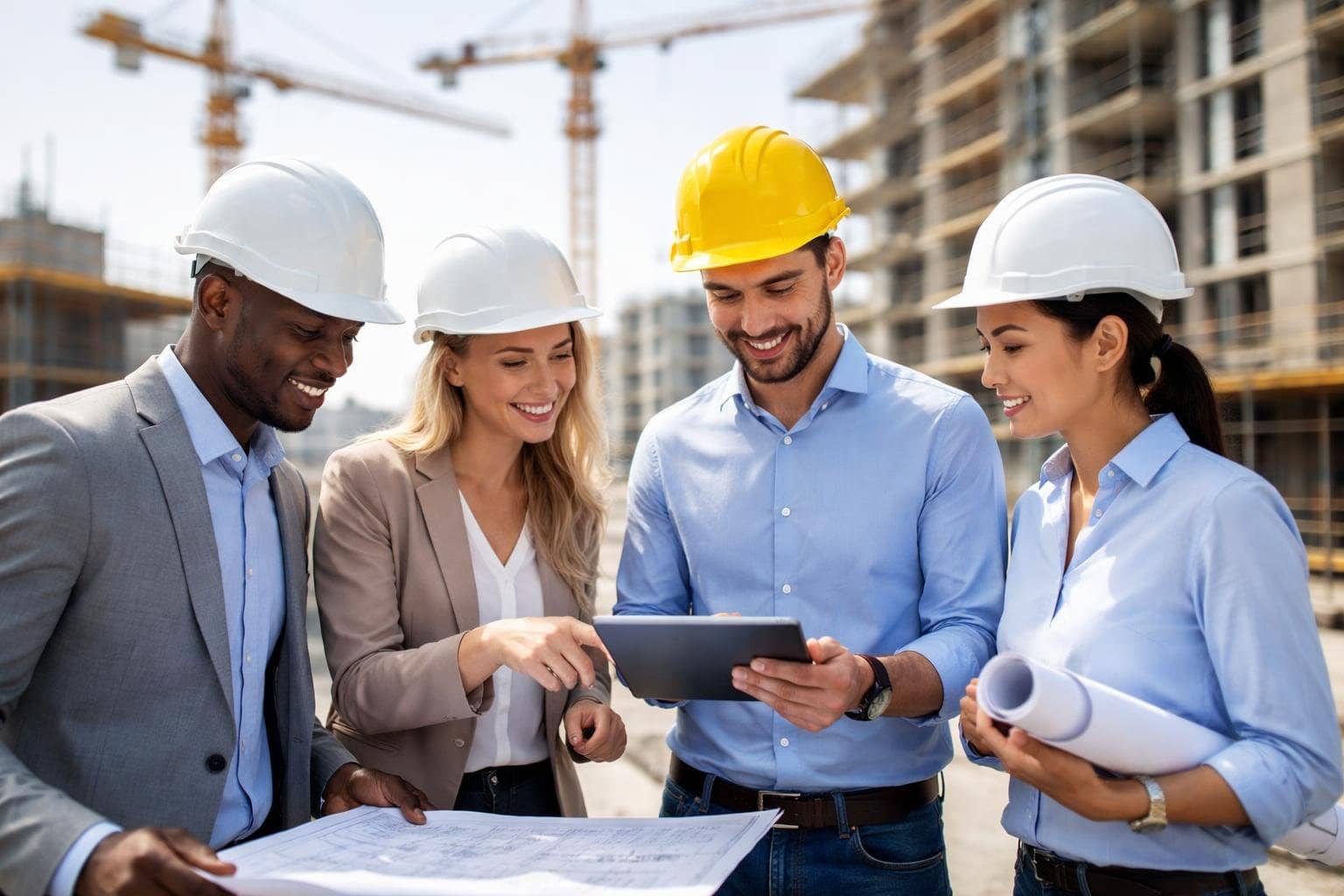 A group of construction and business professionals wearing safety helmets reviewing plans on a tablet at a construction site with cranes and buildings in the background.